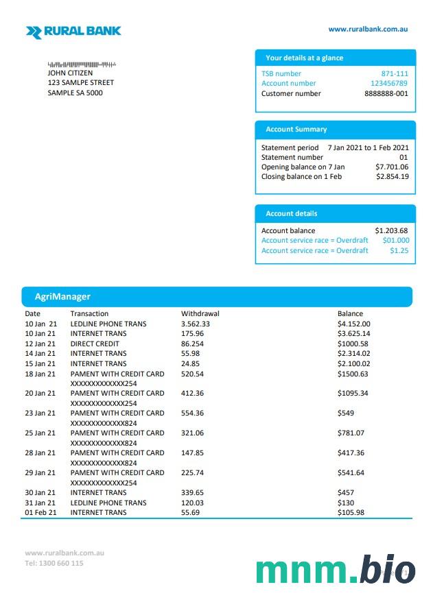 Australia Rural wyciąg bankowy łatwy do wypełnienia szablon w formacie Excel i PDF